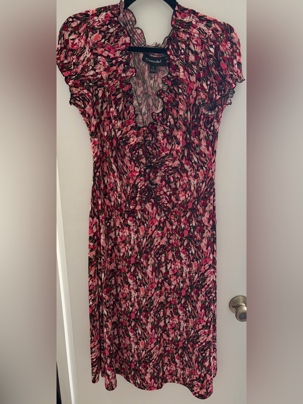 connected apparel Pink and Black Floral Mid length Dress with Ruffle V-Neck